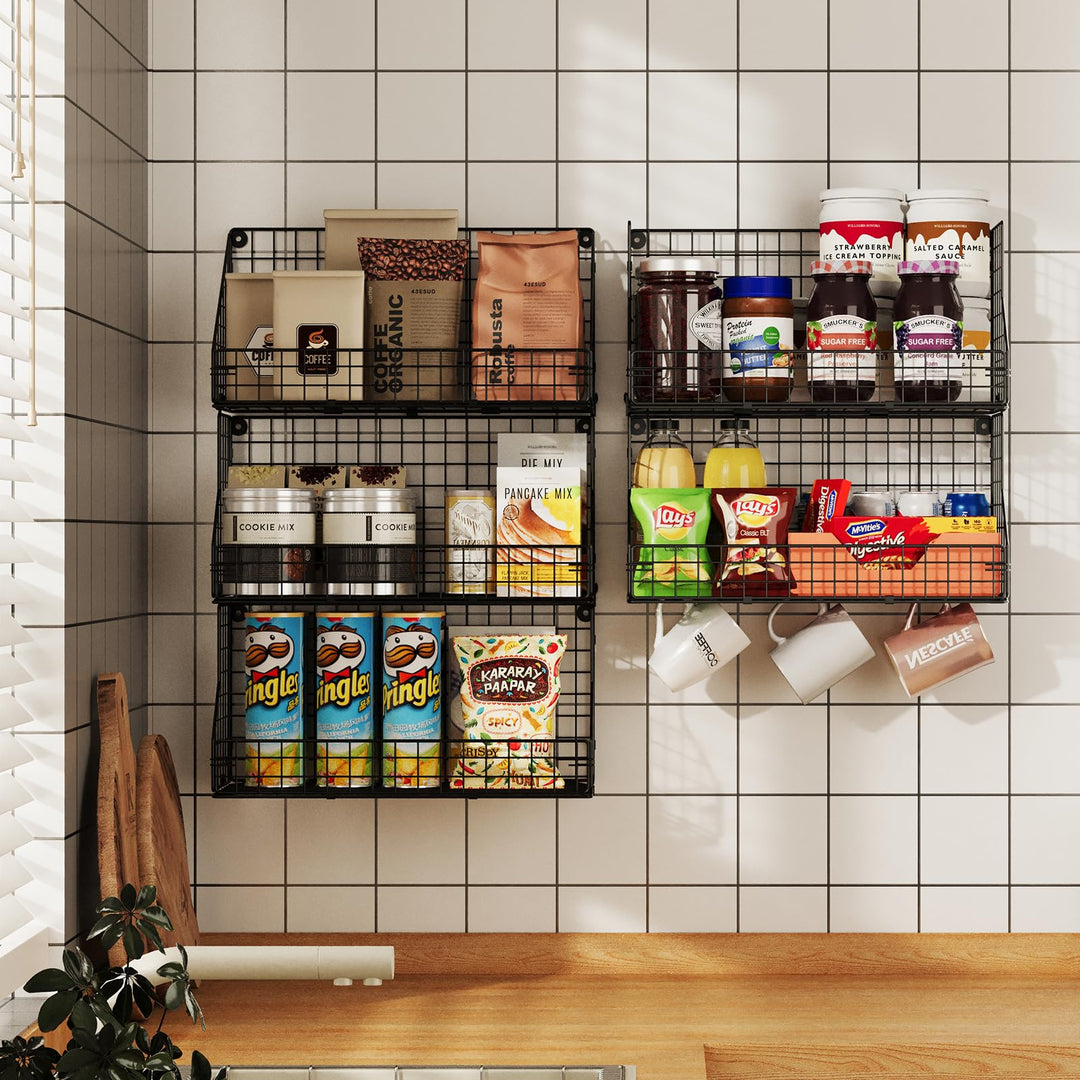 3 Tier Stackable Tea Bag Organizer Large Size with 5 Hooks Metal Wire Basket Coffee Snack Rack Holder Countertop Caddy Bin Wall Mount Shelf for Office Kitchen Cabinet Pantry - White Patent Desgin