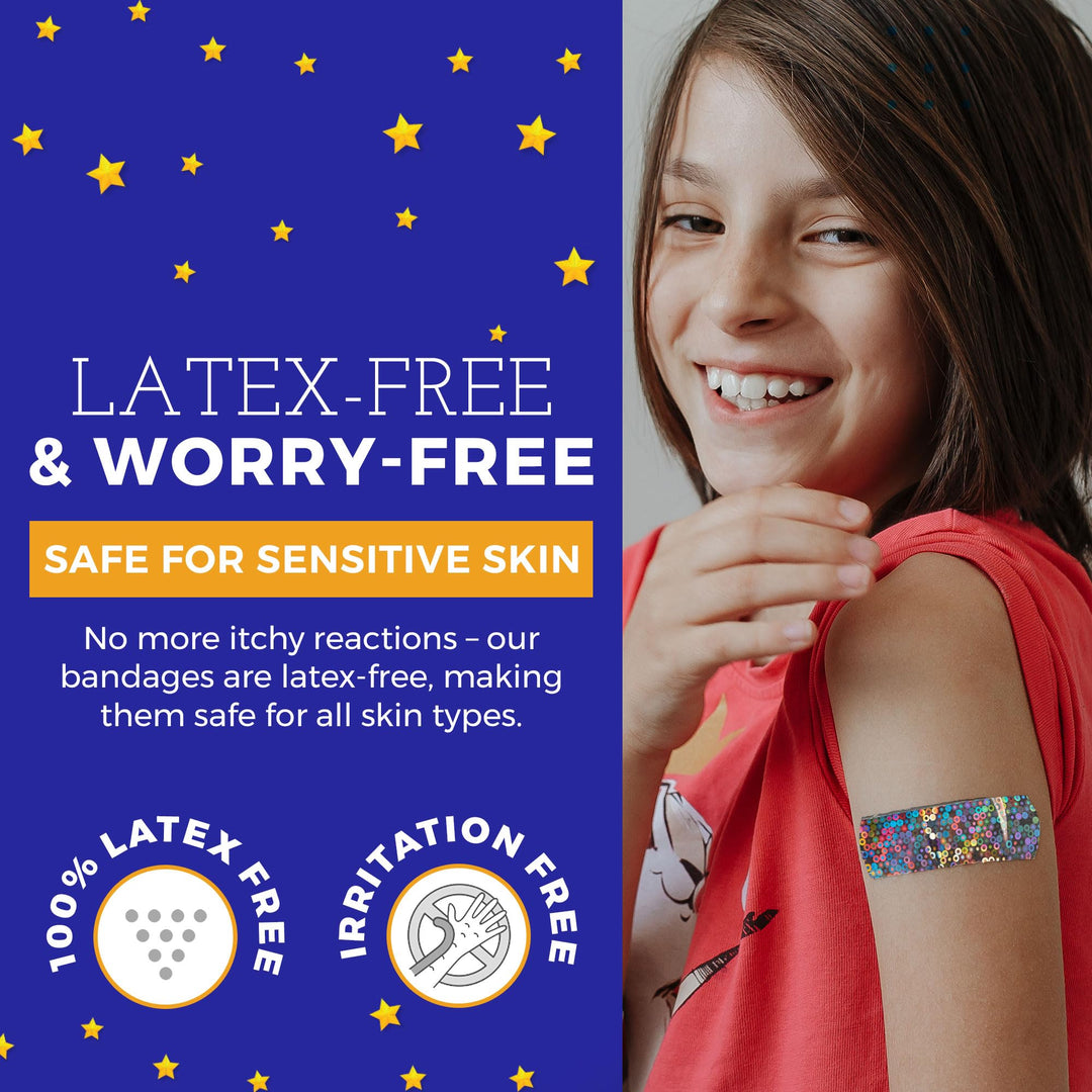 Glitter Bandages for Kids -(100 Count Box) Adhesive Bandage Strips w/Colorful Glitter Design &amp; Latex-Free Individually Wrapped Strips for First Aid, Wound Care, Minor Cuts, Scrapes