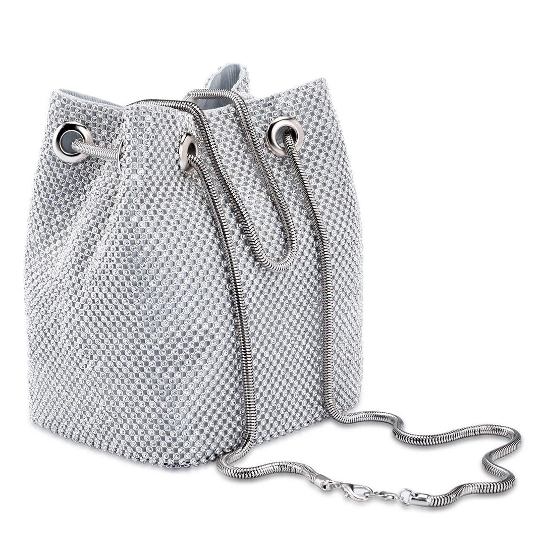 Women Rhinestones Crystal Clutch Mini Evening Bags Bucket Bag Party Prom Wedding Small Shoulder Cross-body Purses (Mini, Silver)