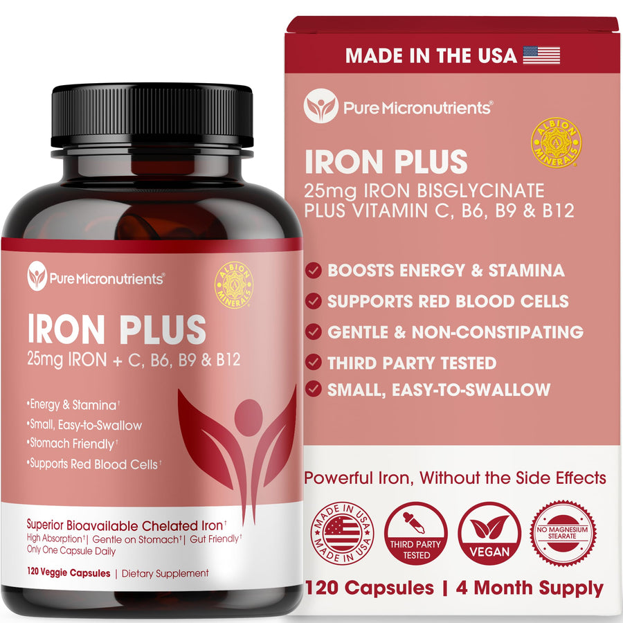 Iron Supplement for Women & Men, Natural Ferrous Chelate, Bisglycinate 25mg + Vitamin C, B6, B12, Folic Acid - IronPills for Iron Deficiency & Energy Support - 120 Count