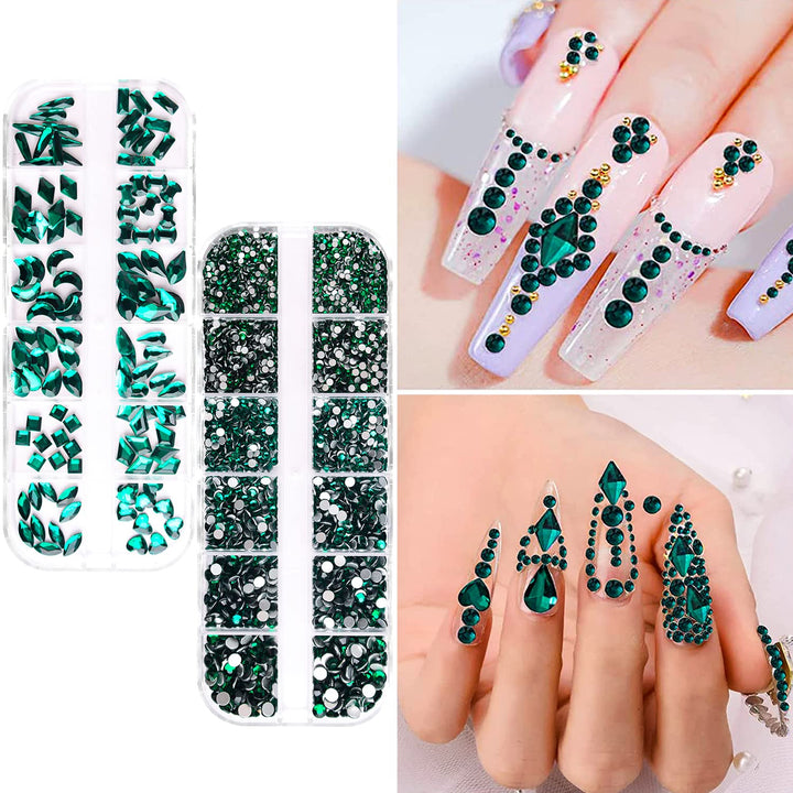 1620pcs Emerald Green Nail Rhinestones Green Crystals Glass Gems Stones Round Beads 6 Sizes (1.5-4mm) Flatback Multi Shapes Sizes With Picking Pen for Nail DIY Crafts Clothes Shoes Jewelry