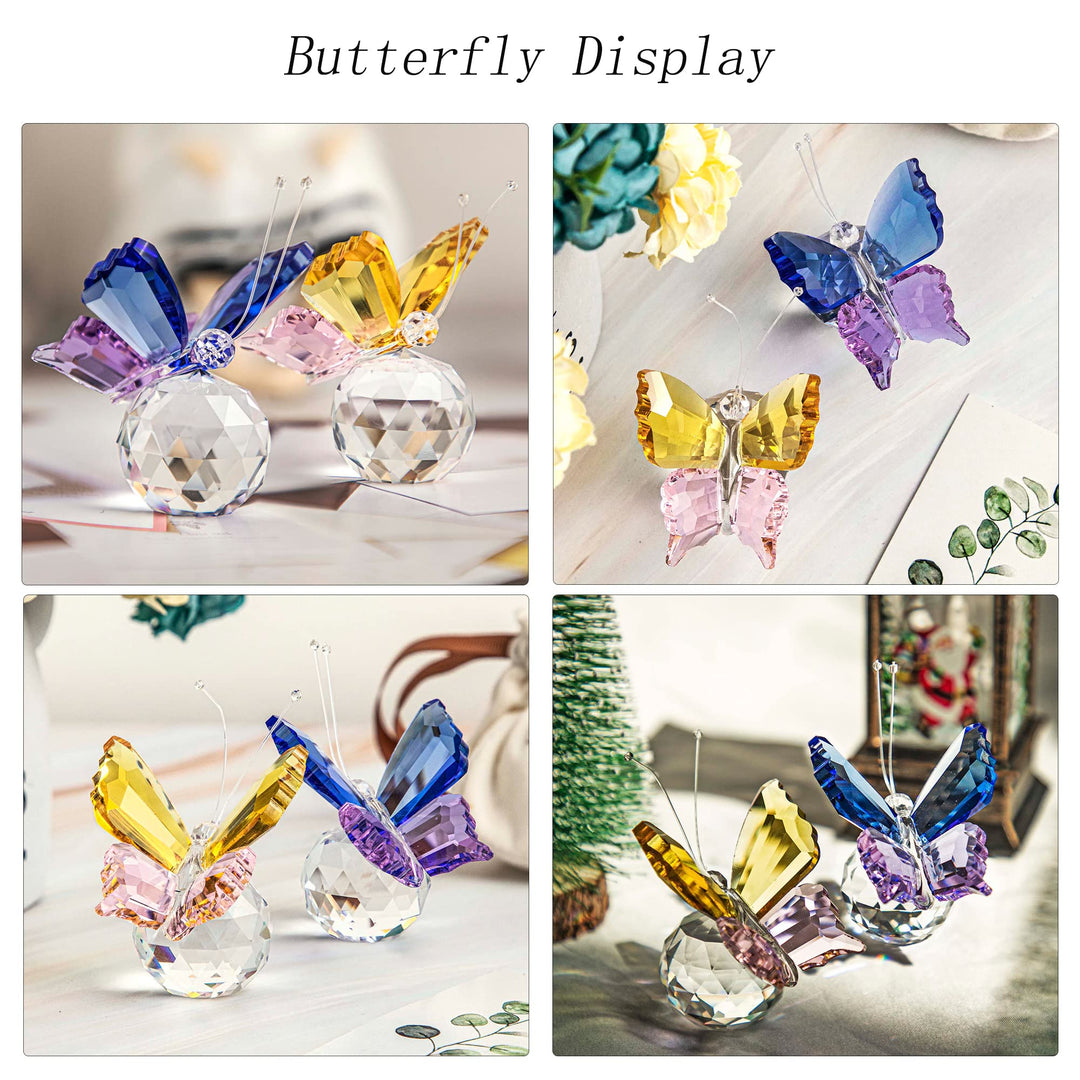 H&amp;D HYALINE &amp; DORA Set 2pcs Elegant Crystal Flying Butterfly with Ball Base Glass Animal Collectible Figurines Paperweight Art Craft Table Ornament Home Wedding Decor Xmas Women Gift