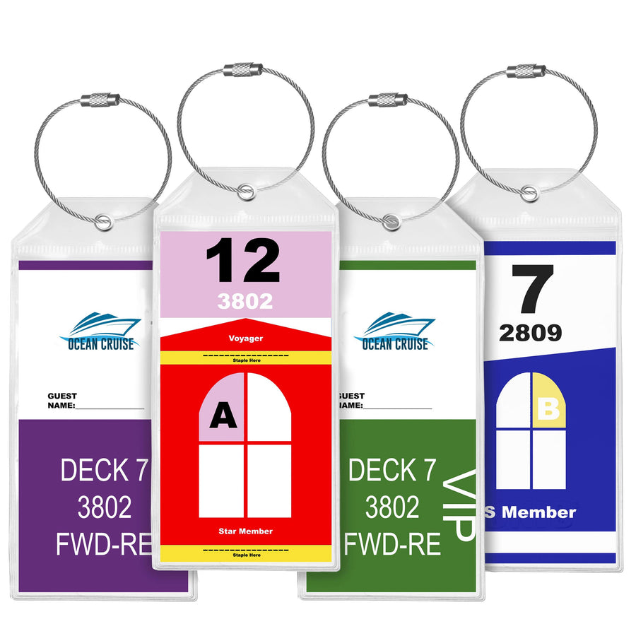 4 Pack Cruise Luggage Tag Holder Clear E-Tag Zip Seal Steel Wire Loops for Cruise Thick PVC (6.5X3.5 Inches)