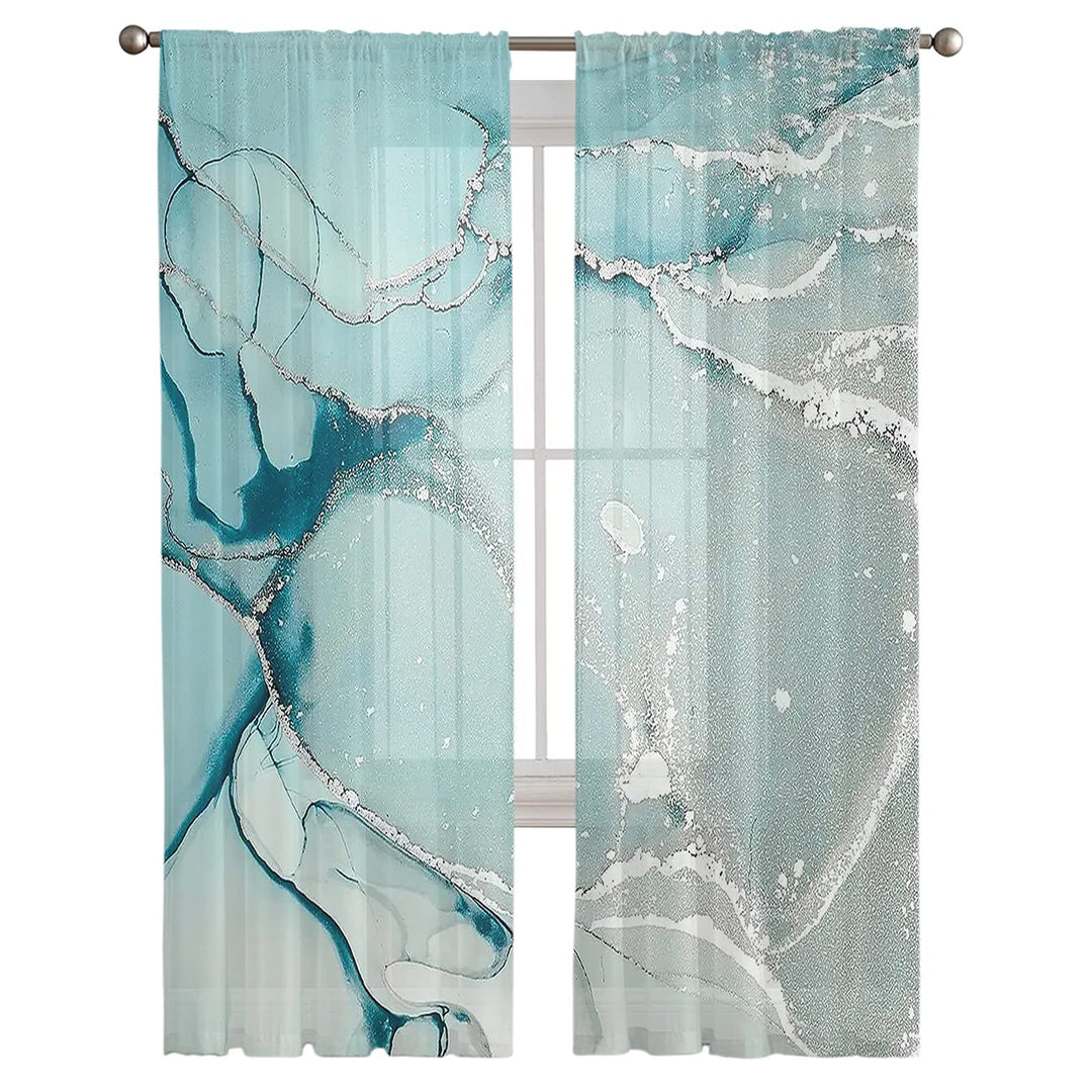 Marble Sheer Curtains 72 Inch Length 2 Panels Set, Green Aqua Marble Agate Semi Transparent Voile Rod Pocket Curtains for Living Dining Room Bedroom Drapes