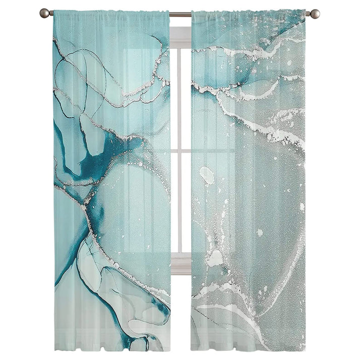 Marble Sheer Curtains 72 Inch Length 2 Panels Set, Green Aqua Marble Agate Semi Transparent Voile Rod Pocket Curtains for Living Dining Room Bedroom Drapes