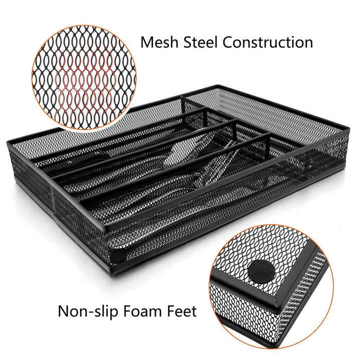 Silverware Drawer Organizer, Mesh Wire Utensil Tray Drawer Organizer for Kitchen, Black Narrow Metal Flatware Cutlery Holder/Divider, 5 Compartment &amp; Small Size - 12.5 x 9.25-Inch