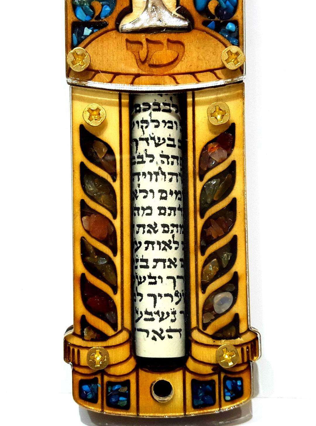 Jewish MEZUZAH CASE with Scroll Menorah Wood &amp; 