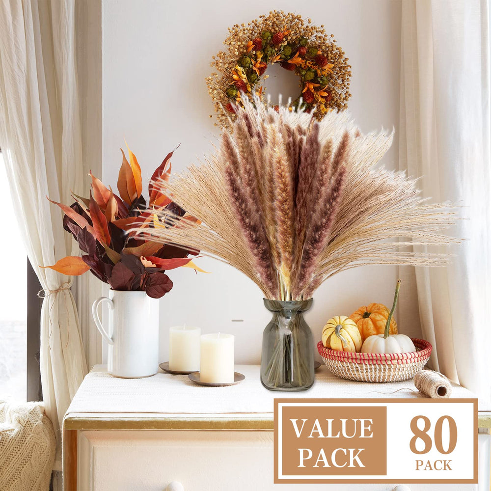 Pampas Grass Decor, 80pcs Natural Dried Pampas Grass - Brown Pampas Mixed Reed Grass for Boho Decor, Fluffy Pampas Grass Bouquet/Pompas Floral for Flower Arrangements Wedding Home Decor