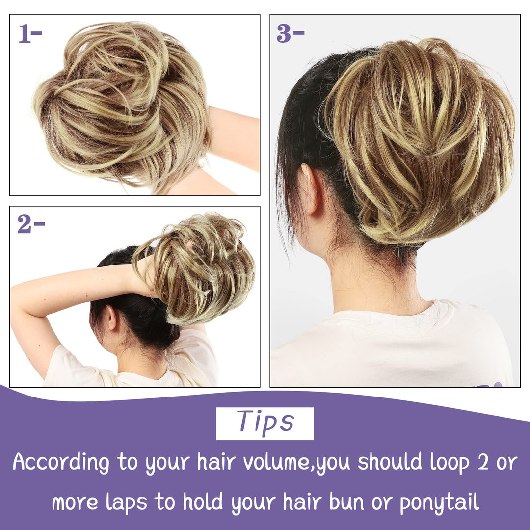 4 Pcs Messy Hair Bun Hairpiece Tousled Updo for Women Hair Extensions Straight Short Ponytail Elastic Scrunchies Curly Hair Accessories (Brown mix Blond/12H24,Basic Style)