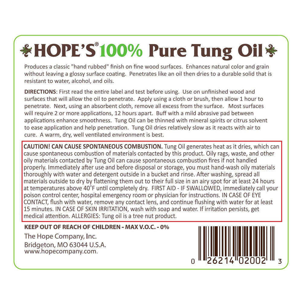 HOPE'S 100% Pure Tung Oil, Food Safe, Premium Water