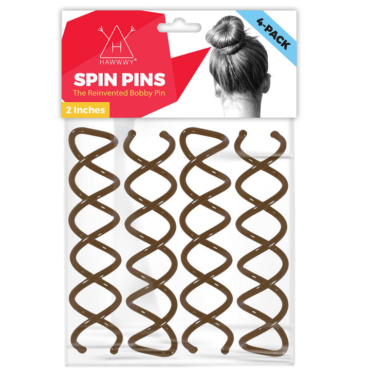 Hawwwy Spiral Spin Pins - 4 Pack Premium Brown Spin Pins | Easy &amp; Fast Non-Scratch Alloy Bun Maker Hair Pins for Buns Women Kids | Messy Bun Bobby Pins Brown Hair Accessories