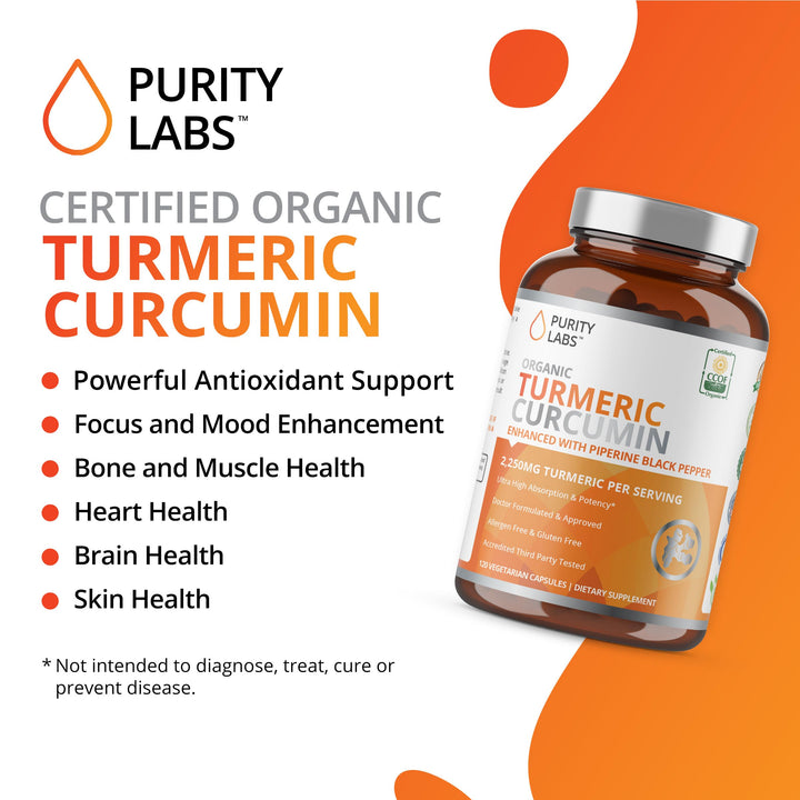 Organic Turmeric Curcumin with Black Pepper Bioperine 2,250 MG/Serving, 95% curcuminoids - Antioxidant Joint Supplement, Muscle & Brain Support - Turmeric Supplement, Non-GMO, Vegetarian, 120 Capsules