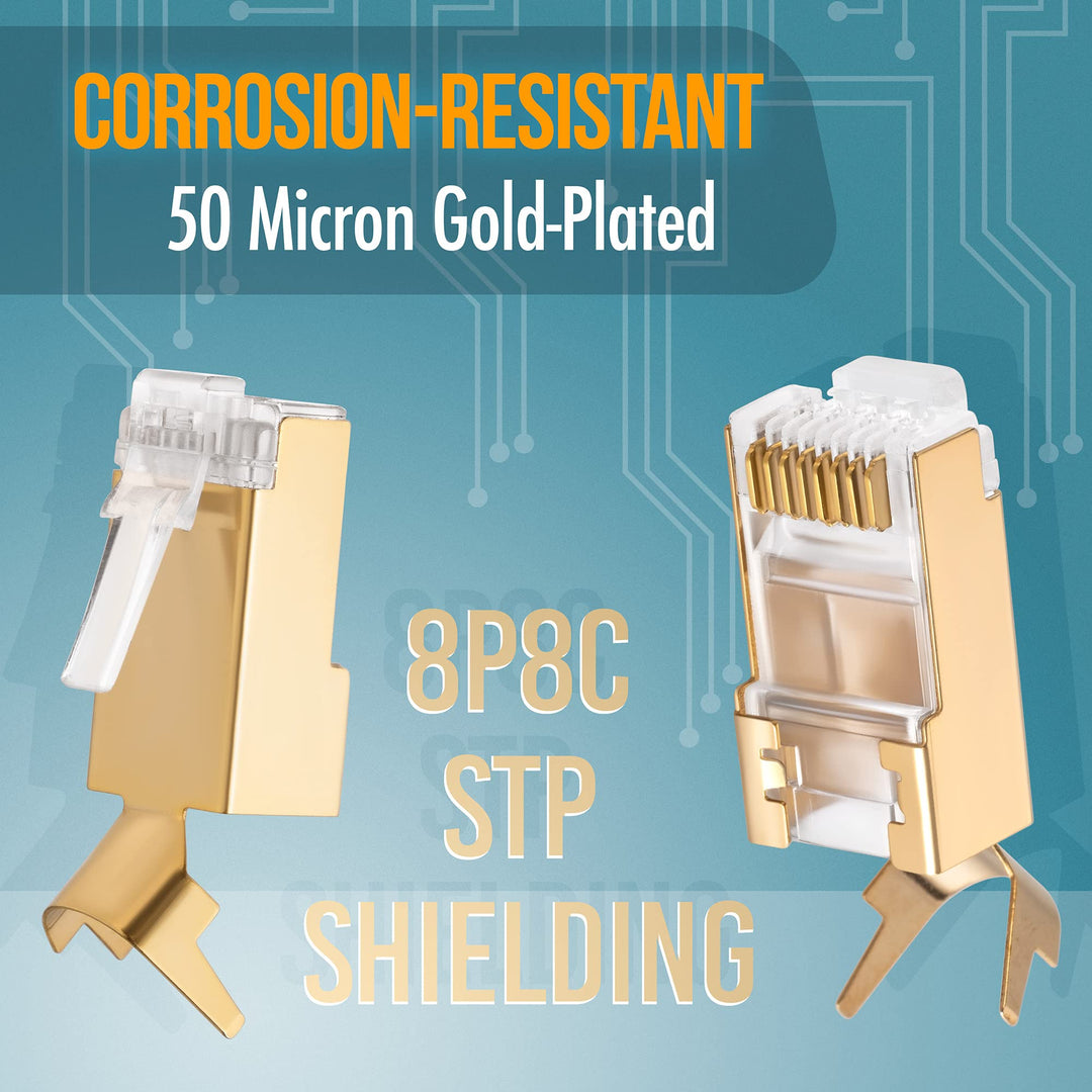 RJ45 Cat7 &amp; Cat6A Pass Through Connectors - 30 Pcs, 50UM Gold Plated Shielded FTP/STP External Ground for 23 AWG Network Cable