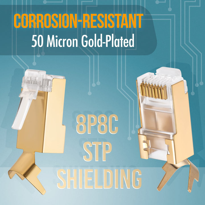 RJ45 Cat7 &amp; Cat6A Pass Through Connectors - 30 Pcs, 50UM Gold Plated Shielded FTP/STP External Ground for 23 AWG Network Cable