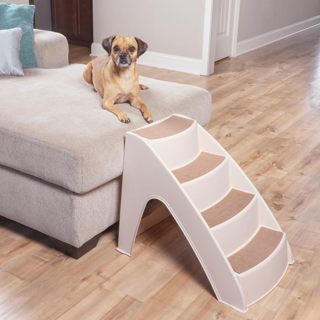 CozyUp Dog Stairs - 4 Step Design Pet Stairs - Dog Steps for High Beds, Sofa - Pet Steps Safety Features Include Siderails, Non-Slip Pads, Durable, Lightweight, Support up to 70 lbs, Tan