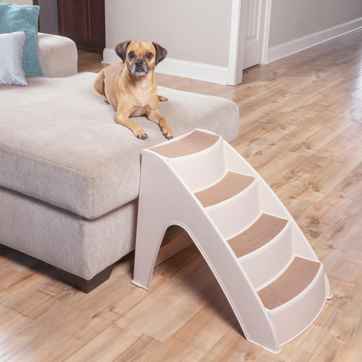 CozyUp Dog Stairs - 4 Step Design Pet Stairs - Dog Steps for High Beds, Sofa - Pet Steps Safety Features Include Siderails, Non-Slip Pads, Durable, Lightweight, Support up to 70 lbs, Tan