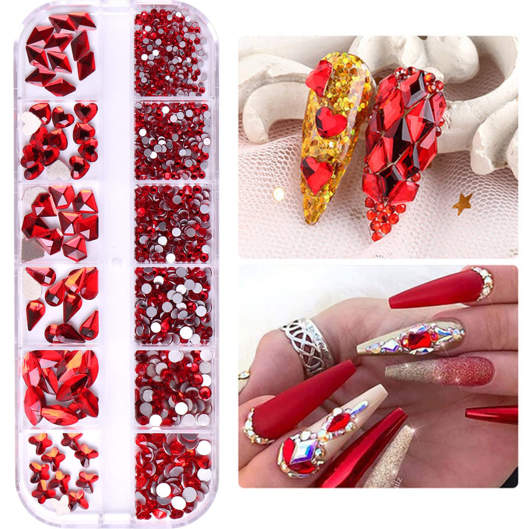 3D Red Rhinestones for Nails Design 810Pcs Nail Art Rhinestone Beads Flatback Gems for Nail Multi 6 Shapes Nails Crystal Diamonds for Nail DIY Craft Makeup Jewelry (A-Red)