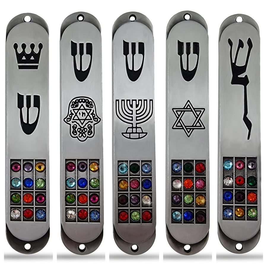 Set of 5 Pewter Jewish MEZUZAH CASE with Hoshen 12 Trib