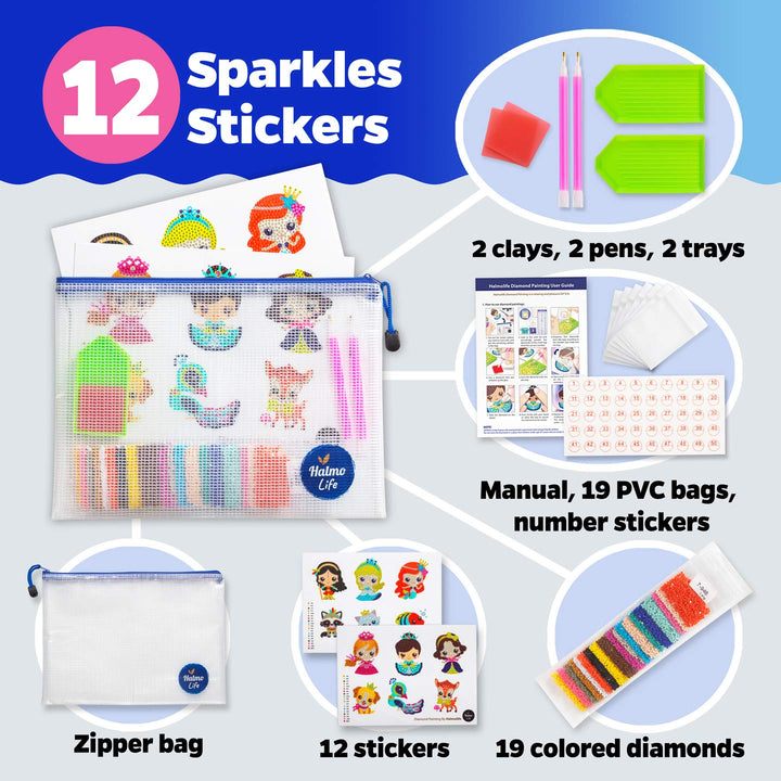 5D Diamond Painting Stickers Kits for Kids and Adult Beginners Gem Paint by Numbers Diamonds Arts for Boys and Girls Ages 6 7 8-12 DIY Princesses kit with Dots Gifts for Kid