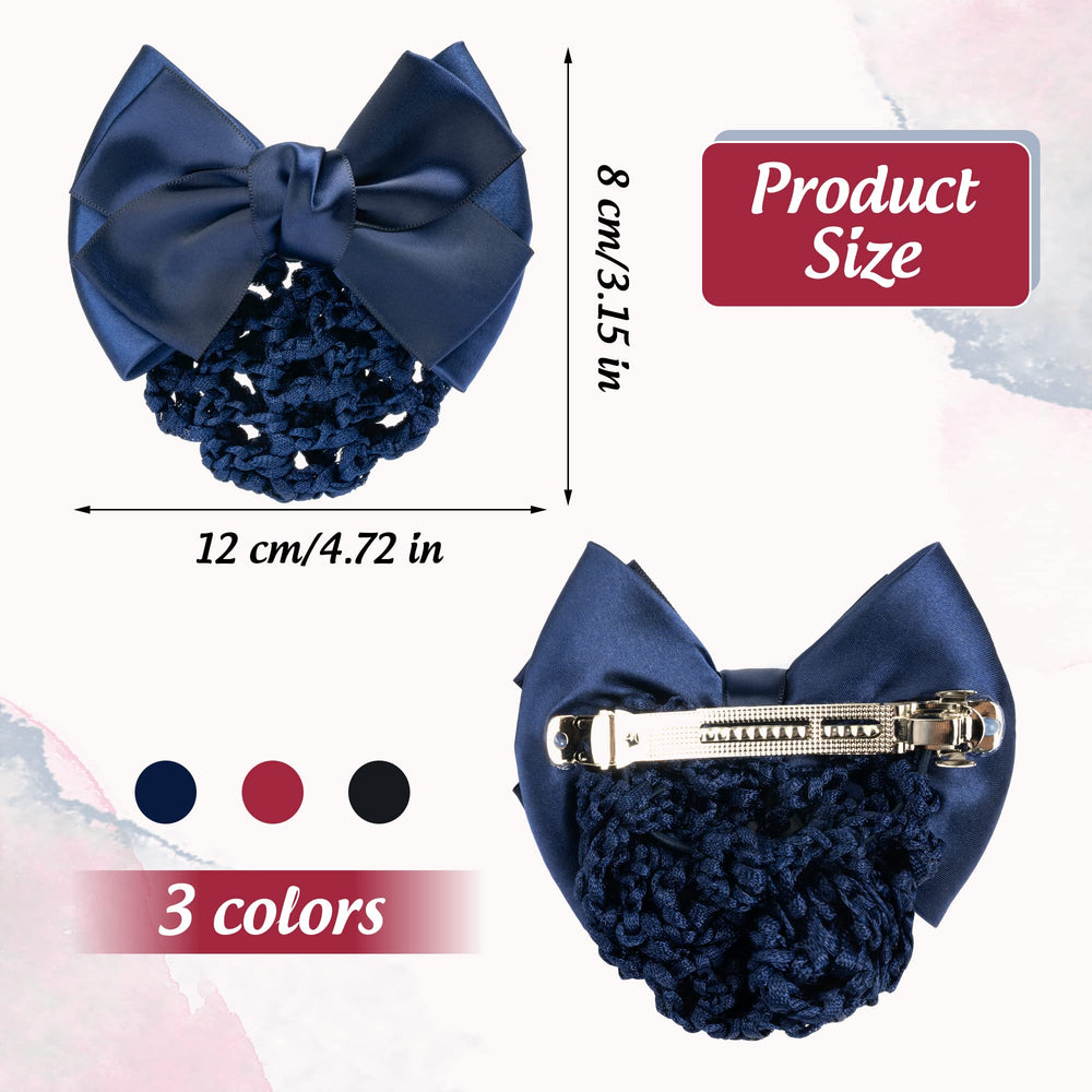 3 Pieces Hair Snood Net Bun Cover Knit Hairnet Bow Bowknot Decor Barrette Hair Clip for Women Mesh Work Hairnets, Black & Navy Blue & Red
