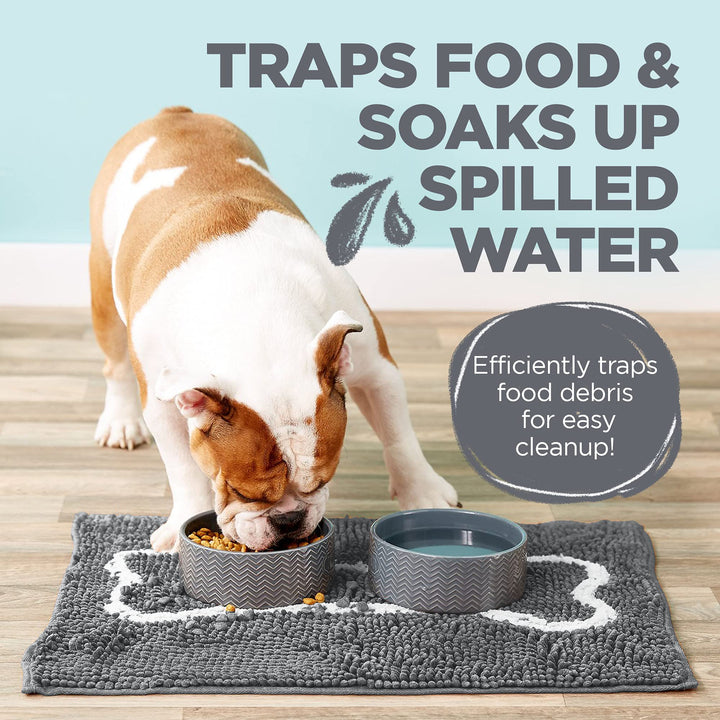 Soggy Doggy Slopmat Ultra-Absorbent Dog Door Mat for Food and Water, Microfiber Chenille Dog Mat for Muddy Paw and Messy Eater, Washable Indoor Mat for Sleeping and Eating, Gray/Light Gray Bone