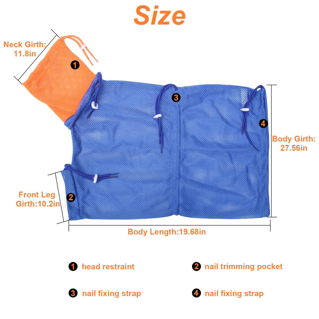 Catcan Cat Bathing Bag, Breathable Mesh Anti Scratch Adjustable Cat Grooming Bag for Nail Trimming, Bathing Polyester Soft Cat Washing Bag (Blue-Orange)