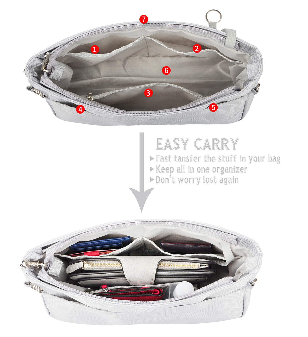 Expandable Nylon Handbag Purse Organizer Insert Liner Shaper Bag in Bag Beige Grey Large