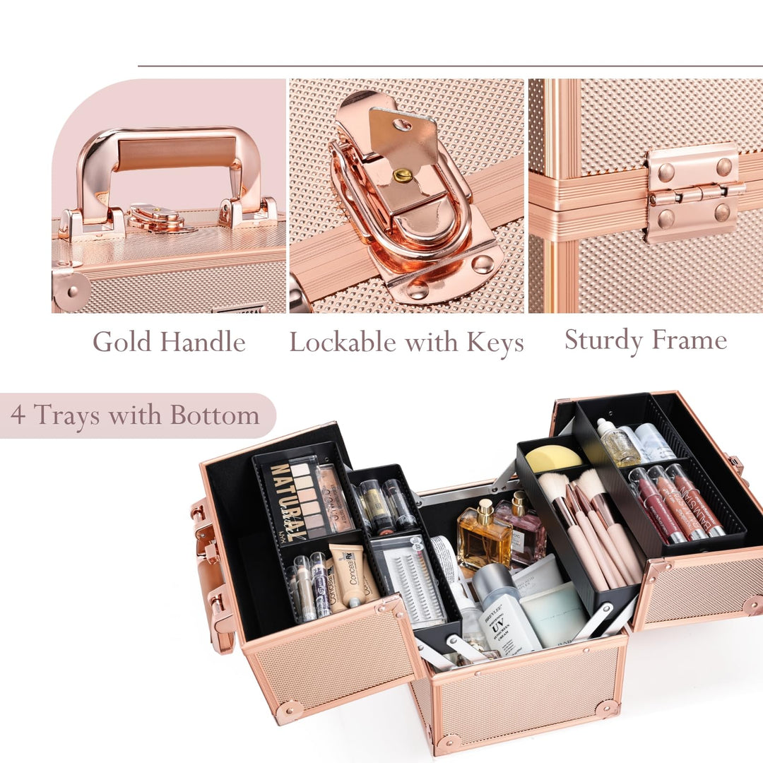 Makeup Train Case 10 Inch Travel Beauty Cosmetic Box Professional 4-trays Jewelry Storage Organizer with Lockable Portable for Women and Girls - Rose Gold
