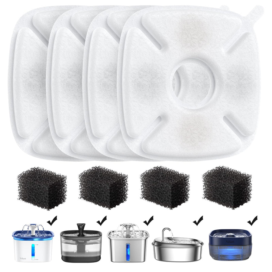 Cat Water Fountain Filter, Classic 4 Pack Replacement Filters & 4 Pack Replacement Pre-Filter Sponges for 67oz, 95oz, 135oz Automatic Pet Fountain Dog Water Dispenser