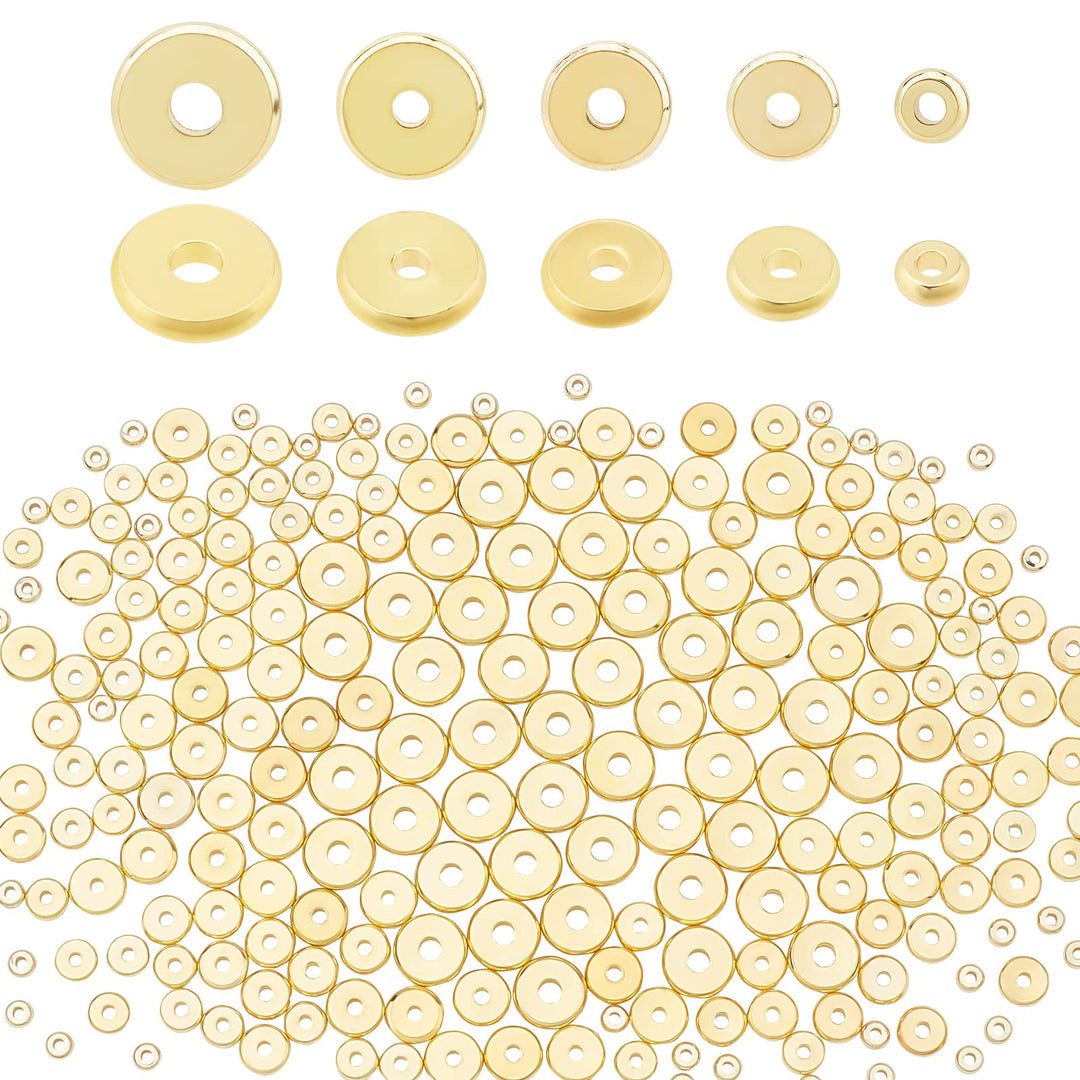 250pcs 5 Size Flat Round Golden Brass Disc Rondelle Spacer Beads Jewelry Metal Spacers for Bracelet Necklace Jewelry Making