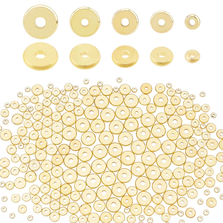250pcs 5 Size Flat Round Golden Brass Disc Rondelle Spacer Beads Jewelry Metal Spacers for Bracelet Necklace Jewelry Making