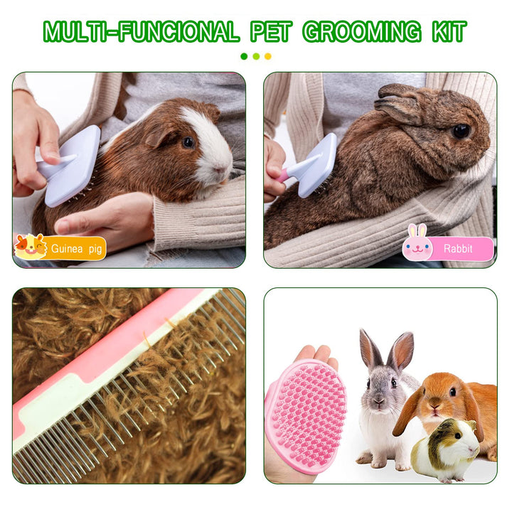 6-Piece Rabbit Grooming Kit with Pet Grooming Shedding Slicker Brush, Flea Comb, Nail Clipper, Bath Massage Glove Brush for Bunny, Cat, Dog, Guinea Pig, Hamster, Ferret, Small Animal Pet (Red, Pink)