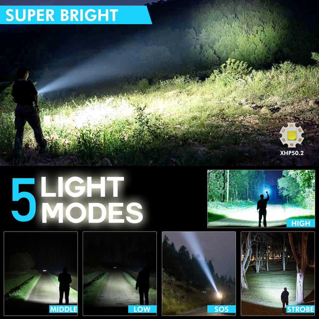 Rechargeable LED Flashlight, 10000 Lumen Super Bright, 5 Modes, Waterproof, Durable, Battery Powered, 1 Pack