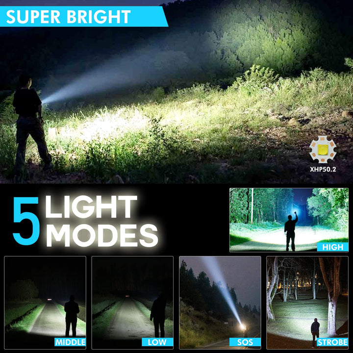 Rechargeable LED Flashlight, 10000 Lumen Super Bright, 5 Modes, Waterproof, Durable, Battery Powered, 1 Pack