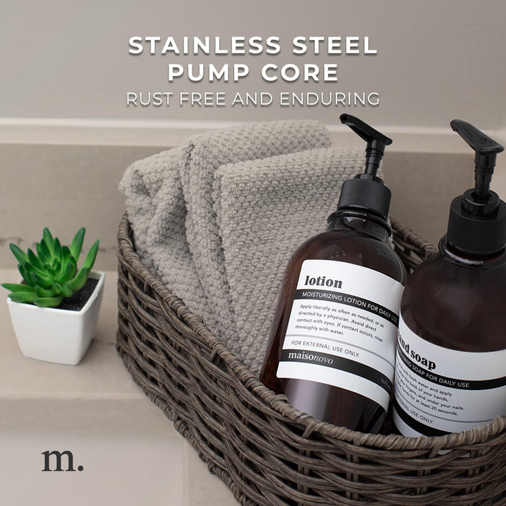 MaisoNovo Refillable Shampoo and Conditioner Bottles | 16.9 fl oz Set of 3 Amber Plastic Bottles Black Pumps