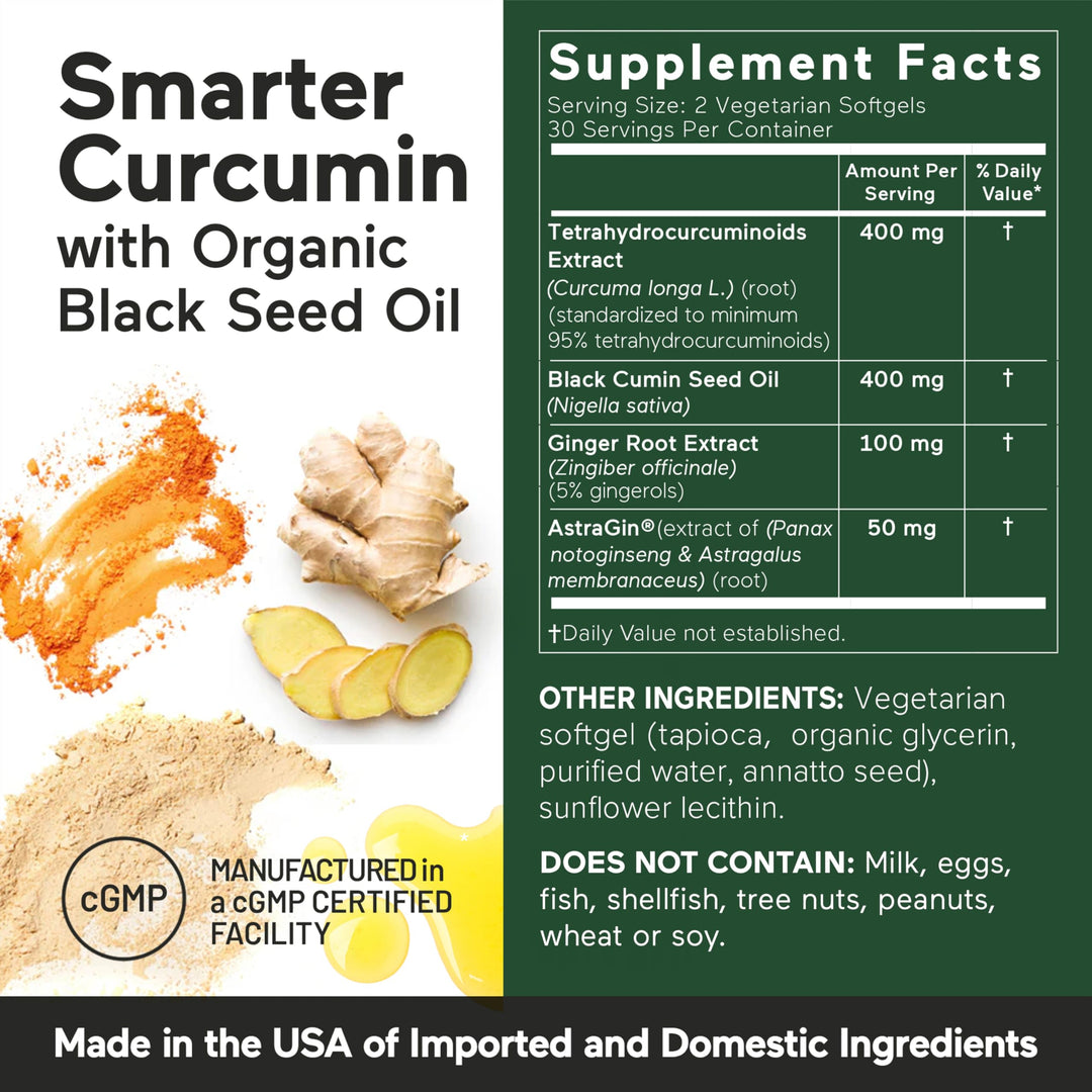 Smarter Nutrition Curcumin Softgels - Vegan High Absorption 400 mg Turmeric Supplement + Organic Black Seed Oil &amp; Ginger - 95% Tetrahydrocurcuminoids Non-GMO, USA Manufactured - 60 Ct[30 Servings]