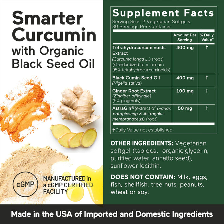Smarter Nutrition Curcumin Softgels - Vegan High Absorption 400 mg Turmeric Supplement + Organic Black Seed Oil &amp; Ginger - 95% Tetrahydrocurcuminoids Non-GMO, USA Manufactured - 60 Ct[30 Servings]