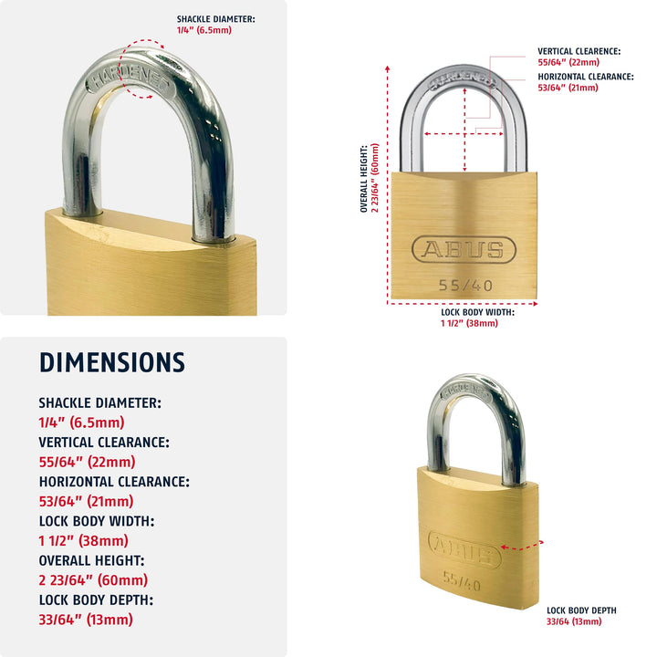 55/40 Solid Brass Keyed Padlock with 2 Keys, Hardened Steel Shackle with Anti Corrosion Inner Lock Components, Keyed Different