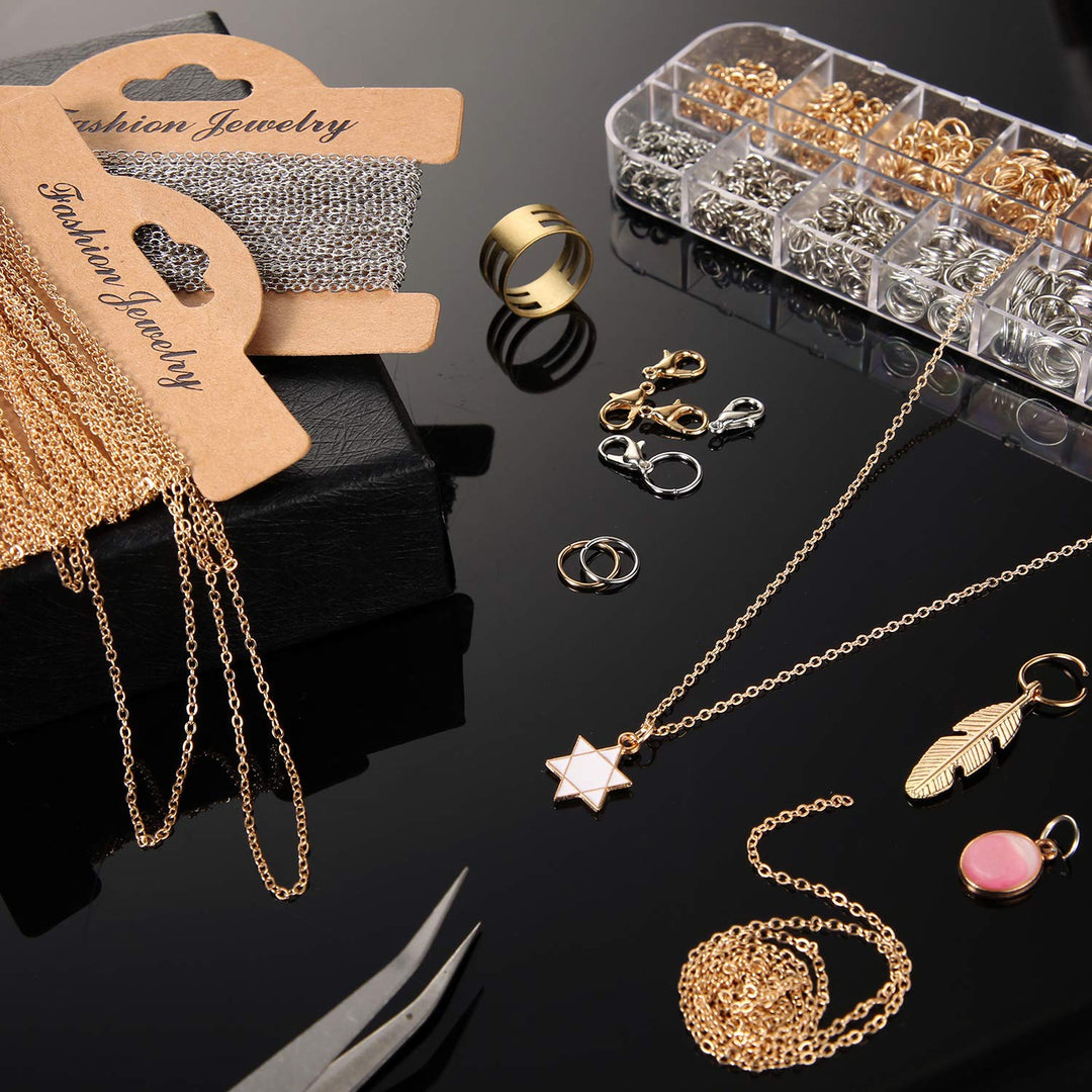 Jewelry Making Chains 49.2 Feet Stainless Steel Link Chains 1000 Pieces Jump Rings 40 Pieces Lobster Clasps with Curved Tweezers and Brass Jump Ring Opener for Women Men DIY Jewelry (Gold, Silver)
