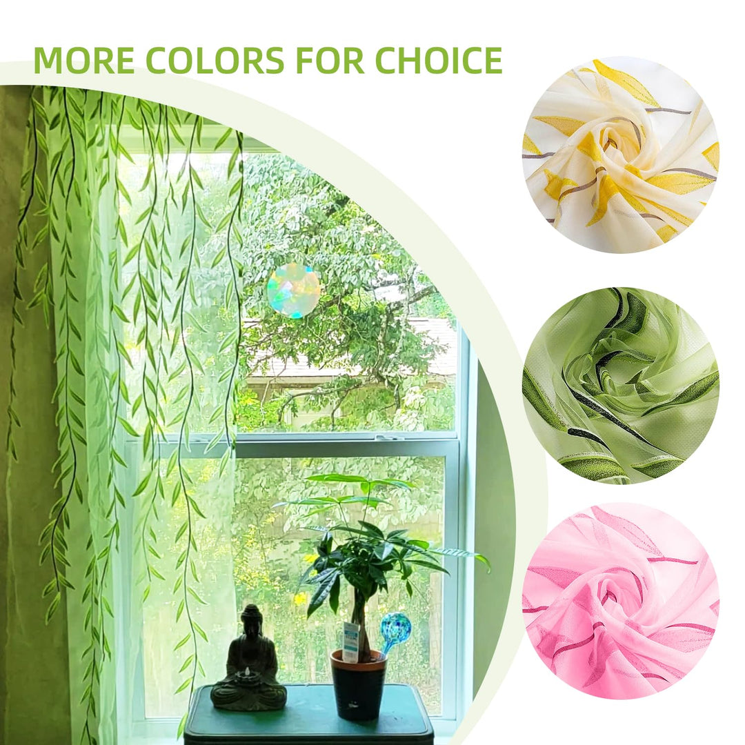 Green Sheer Window Curtains-Pocket Design Sheer Curtains Pretty Vine Curtains 2 Panels Leaf Pattern Curtain Sheers Voile Sheer Window Curtain Panels for Kids Bedroom Living Room Nursery