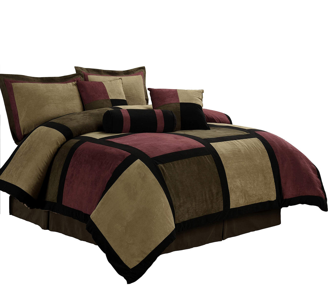 7-Piece Burgundy Brown Black Micro Suede Patchwork Comforter Set, King