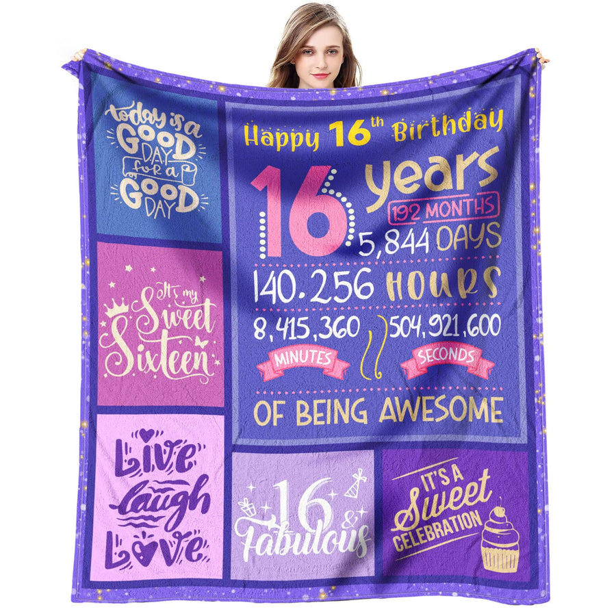 Sweet 16 Gifts for Girls - Sweet 16 Birthday Decorations Throw Blanket 60 x 50 Inch - 16 Year Old Girl Gifts for Birthday - Sweet Sixteen Gifts for Girls
