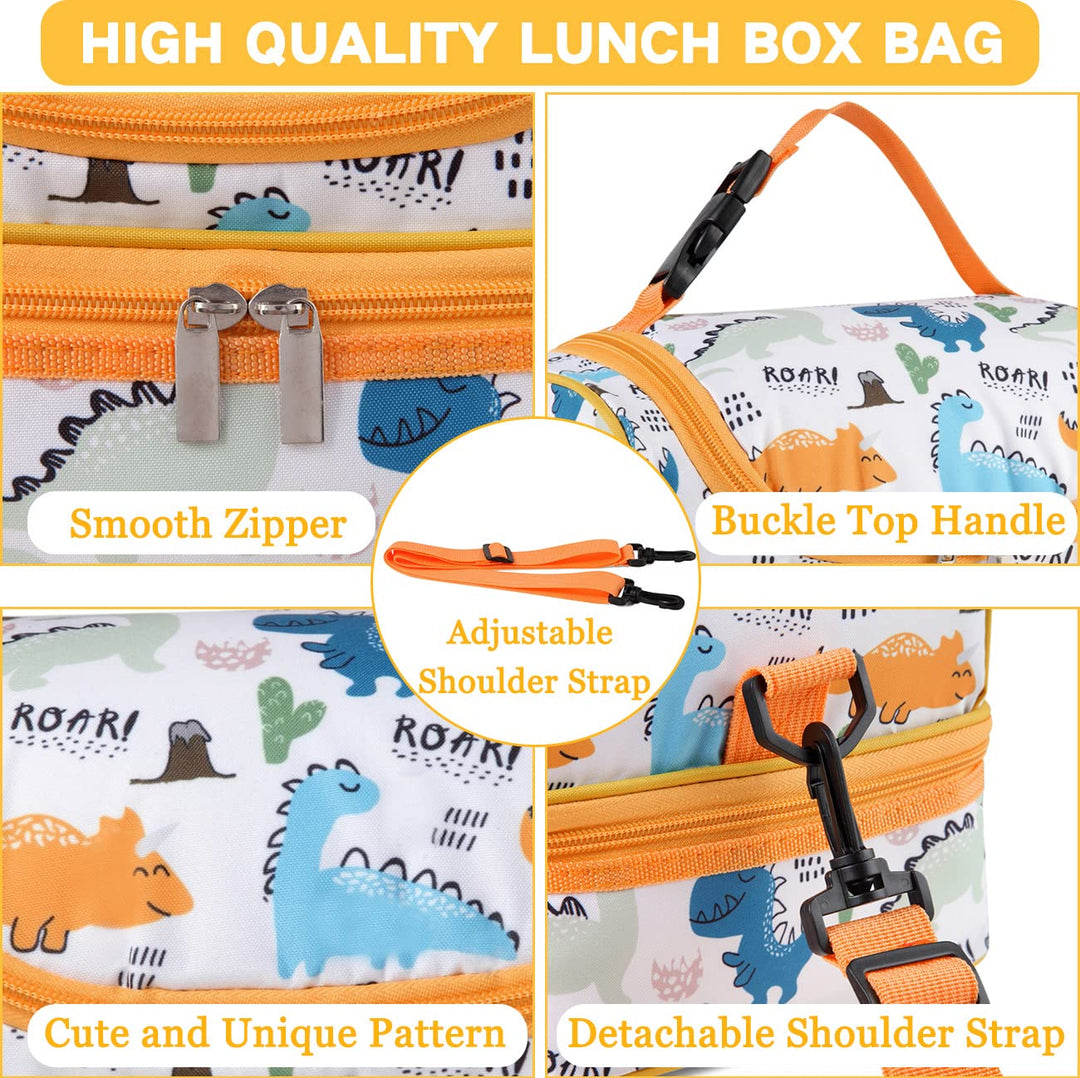 Lunch Box Bag Kids, Insulated Two Compartments Cooler Bags for Boys Girls w Shoulder Strap for School,Daycare,Kindergarten,Picnic Dinosaurs Yellow