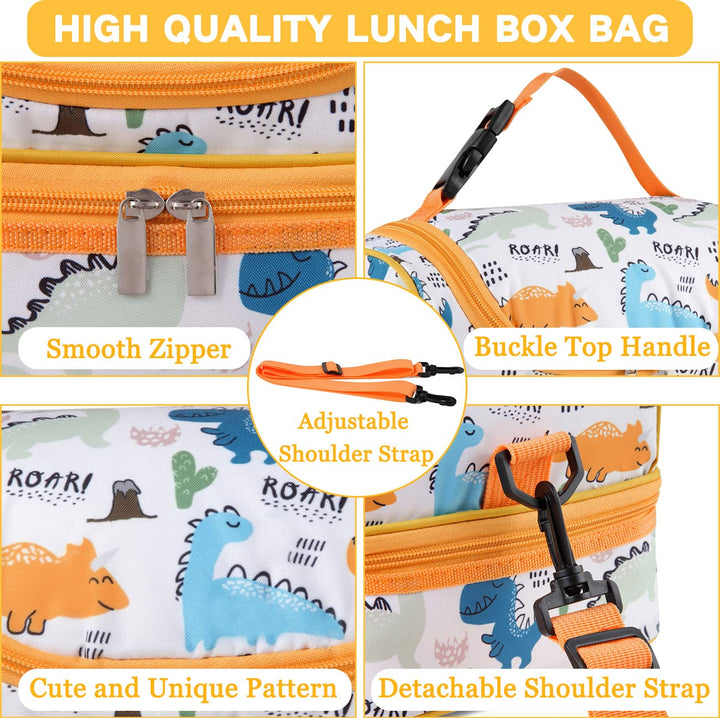 Lunch Box Bag Kids, Insulated Two Compartments Cooler Bags for Boys Girls w Shoulder Strap for School,Daycare,Kindergarten,Picnic Dinosaurs Yellow
