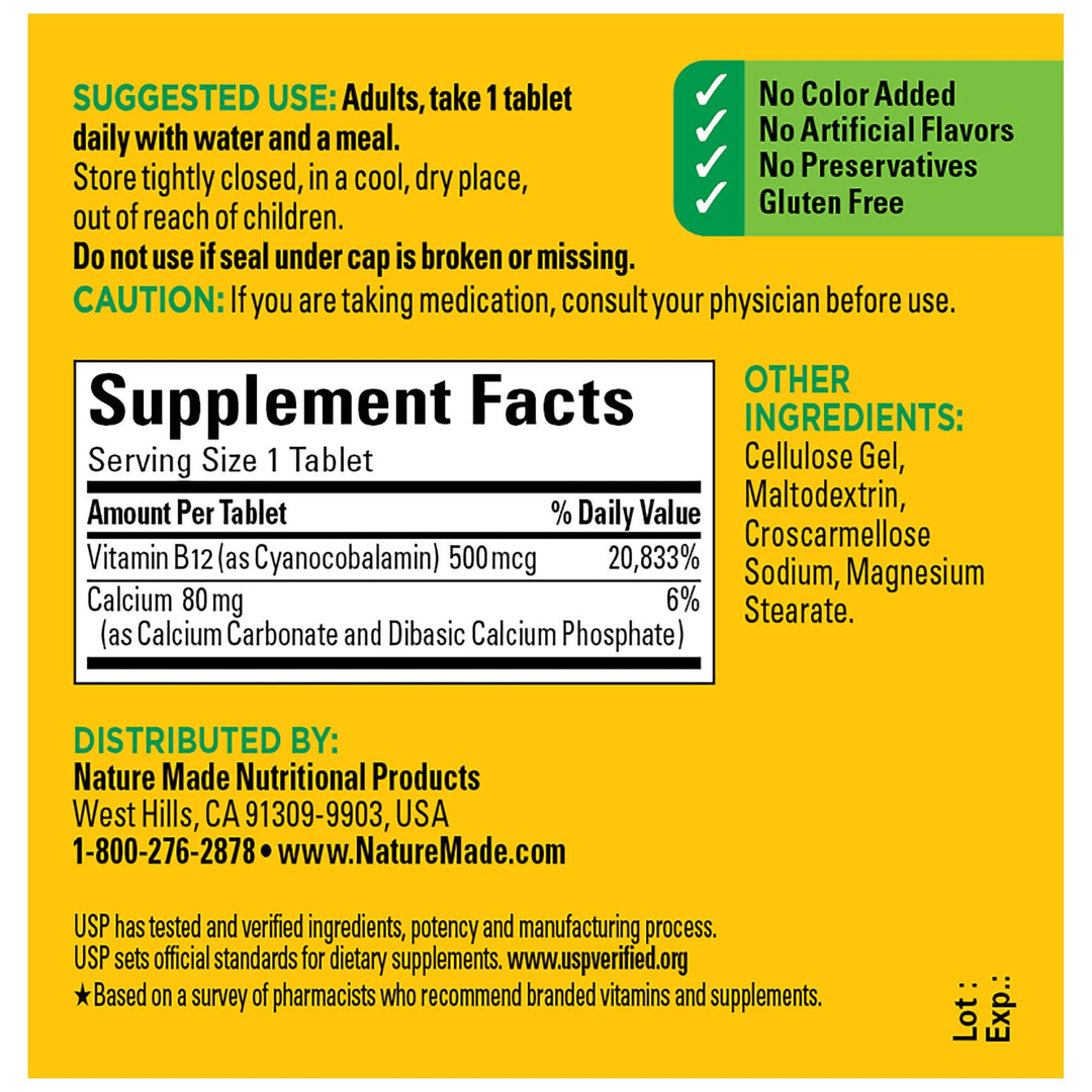 Nature Made Vitamin B12 500 mcg, Dietary Supplement for Energy Metabolism Support, 100 Tablets, 100 Day Supply