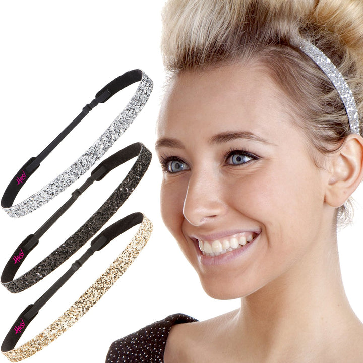 Women&#39;s Adjustable NO SLIP Skinny Bling Glitter Headband Multi 3pk (Black/Gold/Silver)