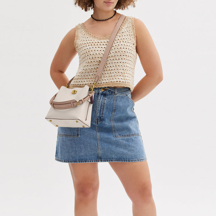 Colorblock Leather Willow Bucket, Chalk