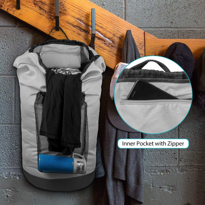 Laundry Backpack with Shoulder Straps and Mesh Pocket Durable Nylon Clothes Hamper Bag with Drawstring Closure for College, Travel, Laundromat, Apartment