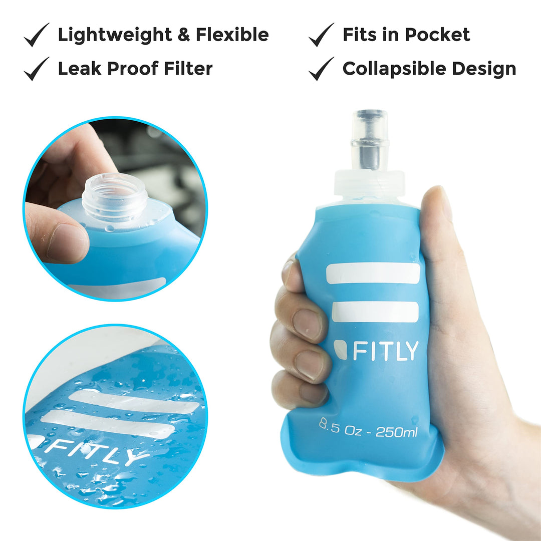 Soft Flask - 8.5 oz (250 ml) - Shrink As You Drink Pocket Soft Water Bottle for Hydration Pack/Running Vest- Folding Water Bottle for Running, Hiking, Cycling - Ski Water Bottles (FLASK250)
