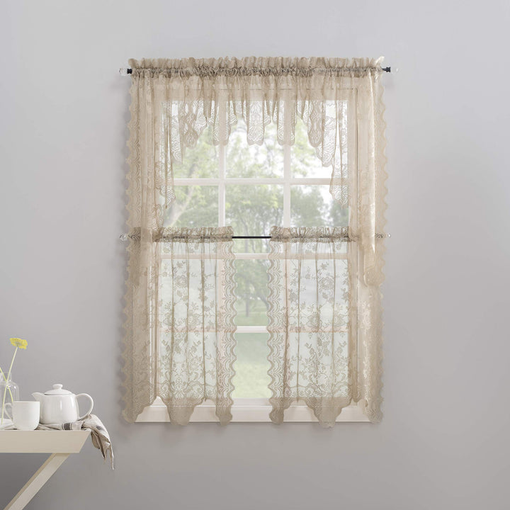 Alison-Tr Floral Lace Sheer Rod Pocket Kitchen Curtain Swag Pair, 58 x 38, Stone
